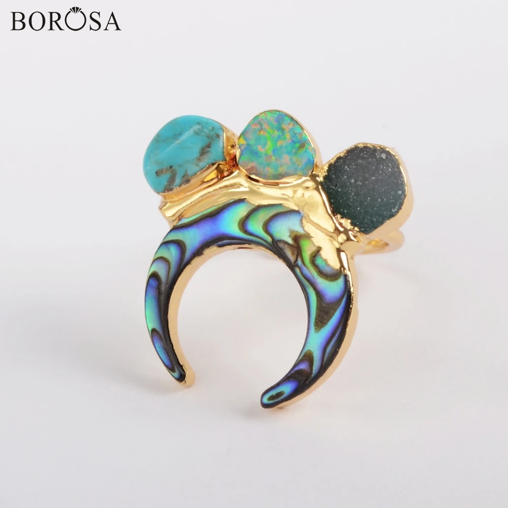 BOROSA 5 шт. золотой цвет Рог Абалон оболочки и три Радуга кулон agates Druzy Turquoises Manmade белый/синий кольцо из розового золота G1839