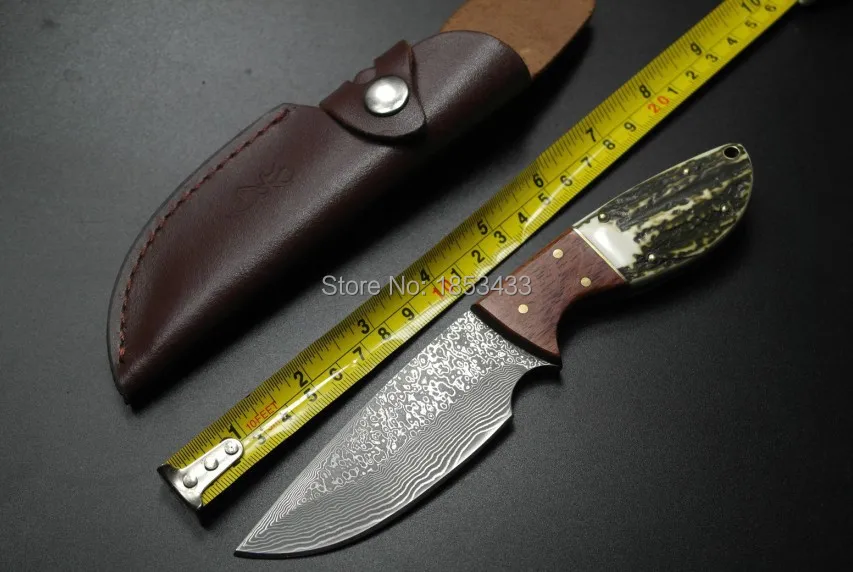 ФОТО SK-006 Handmade forged Damascus Steel  hunting knife fixed knife  Rosewood+ Antler with cowhide leather cover 
