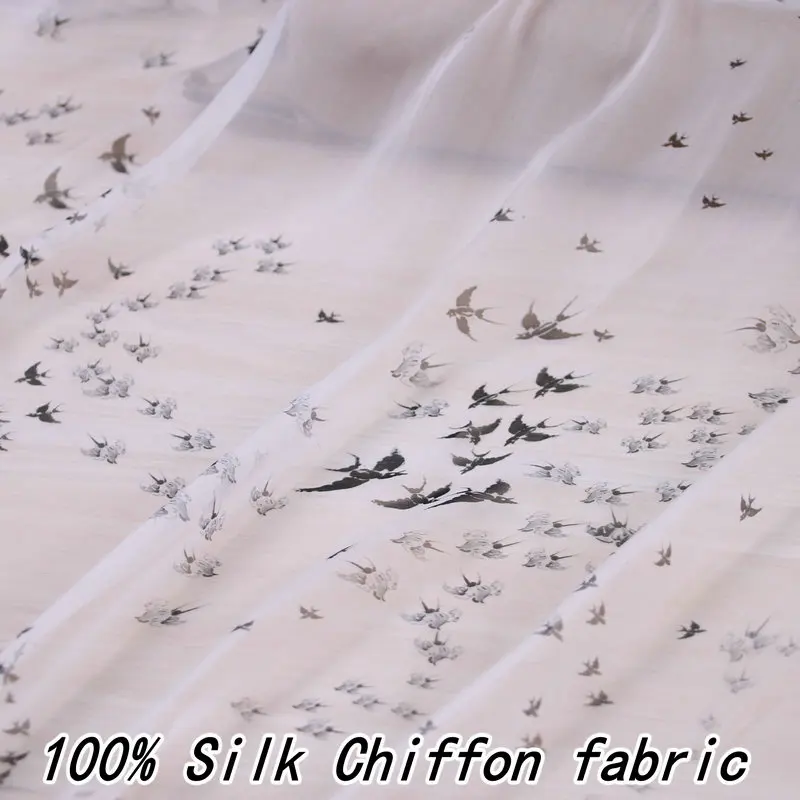 Сицилия Ласточка печатных тонкий чистый шелк шифон ткань шелк тутового шелкопряда шифоновая одежда ткань женская рубашка платье tissu au metre