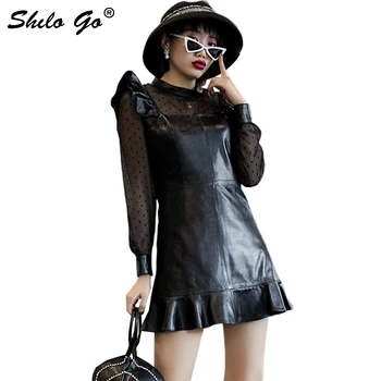

Ruffles Strap Leather Dress Women Summer Elegant Sleeveless Sheepskin Genuine Leather Trumpet Dress Casual A Line Female Dress