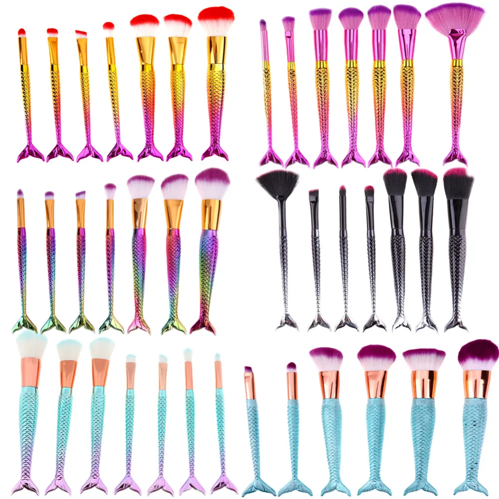 

A Set Brushes Base Makeup Cosmetic Gradient Mermaid Brush Foundation Powder Eyeshadow Contour Concealer Blending Makeup Brushes
