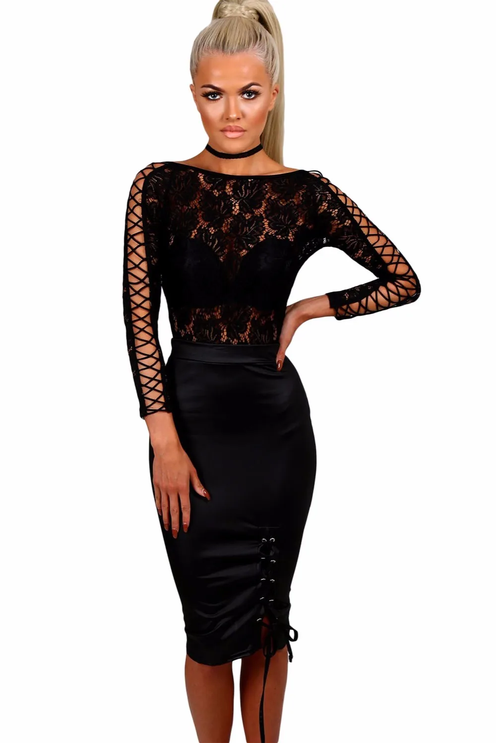Black-Lace-Lattice-Sleeve-Bodysuit-LC32092-2-2