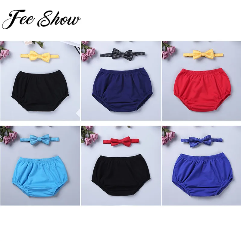 

FEESHOW Infants Baby Boys Outfit First 1st Birthday Diaper Cover Bloomers with Bow Tie Photo Props Headband Set for Newborn Boys