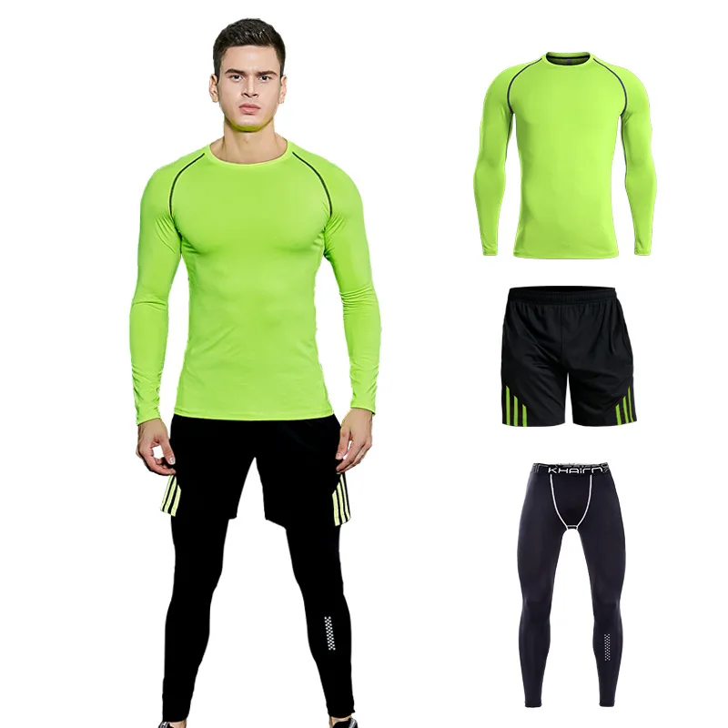 Men Compression rashguard men's multi-functional fitness pants-Long sleeve T-shirt + shorts 3 Piece set Clothing Tops & Tees men