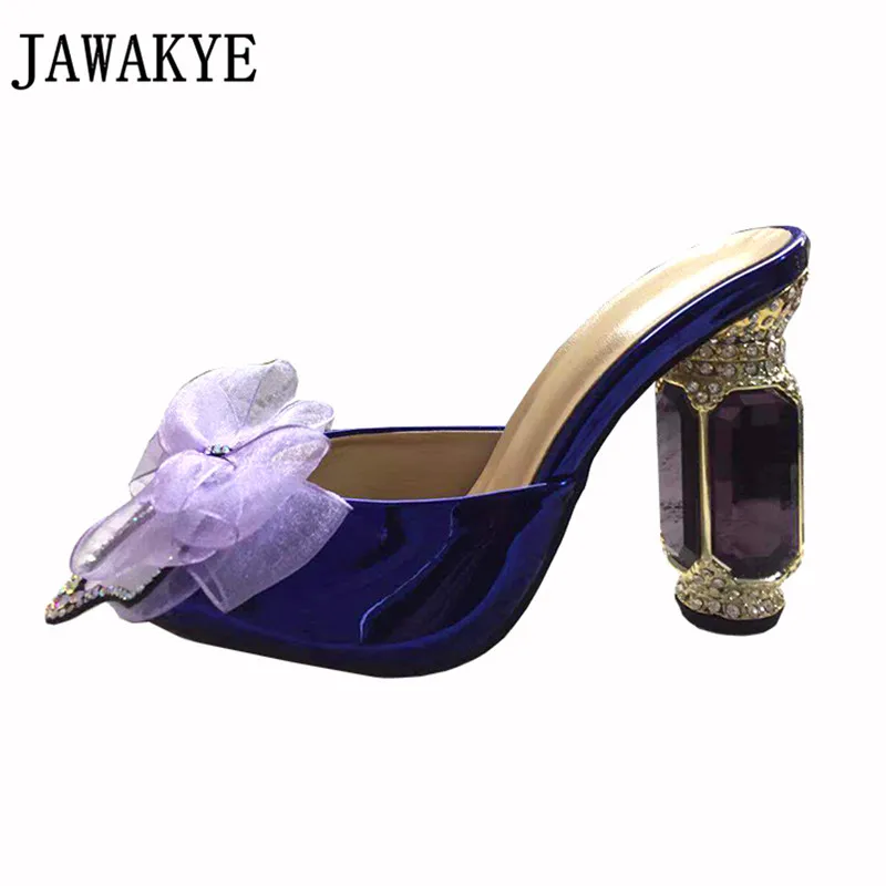 

JAWAKYE new Butterfly-knot Crystal Pointed Toe Slippers Women Leather solid high Heel Woman Shoes sexy Metal heel slipper Woman