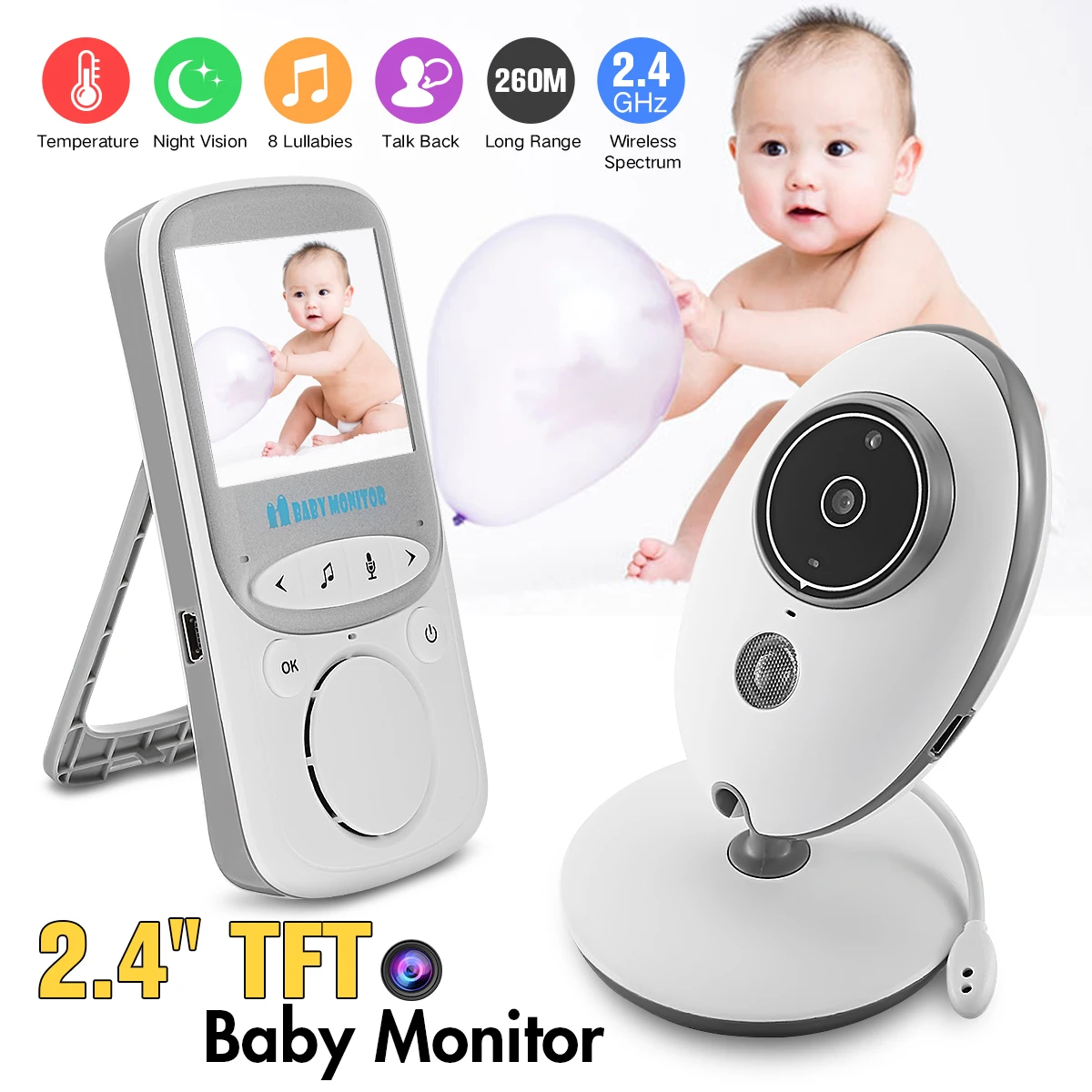 

Wireless Baby Monitor 2.4GHz Color LCD Audio Talk Night Vision Digital Video Temperature Music Player Baby Healthy Safe Security