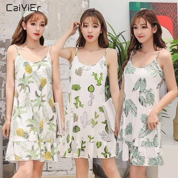 

Caiyier 2019 Leaves Print Sling Nightwear Summer Sleeveless Sleepwear Sexy Ladies Causal With Chest Pad and Eye Mask Nightdress