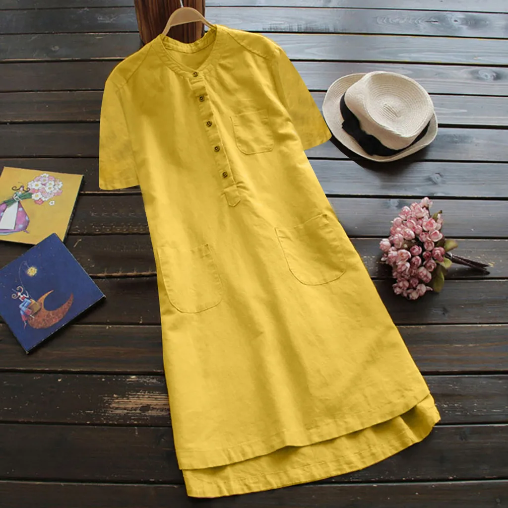 Летнее женское платье, Ретро стиль, короткий рукав, круглый вырез, Рубашка-Платье на пуговицах, уличная одежда, повседневное, официальное платье для женщин, элегантное платье - Цвет: Yellow Dress