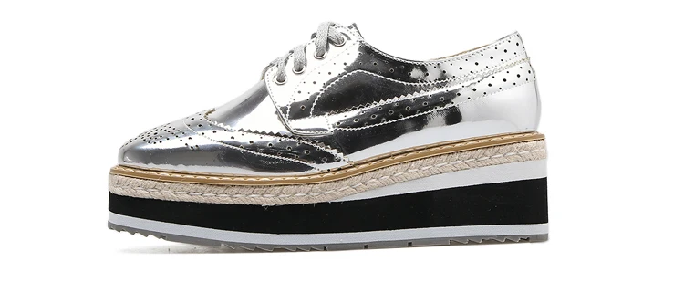 Women Platform Oxfords Brogue Flats Shoes Patent Leather Lace Up Square Toe Brand Female Footwear Shoes For Women Creepers Black (10)