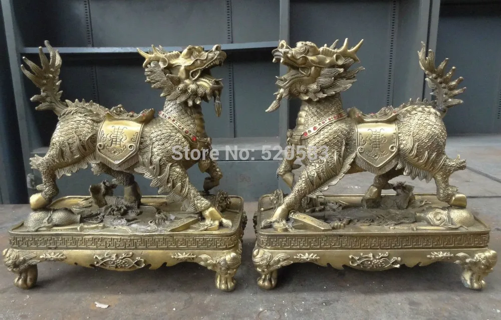 

14"China Brass Auspicious Wealth Chi-Lin BiXie FengShui Dragon Kylin Statue Pair