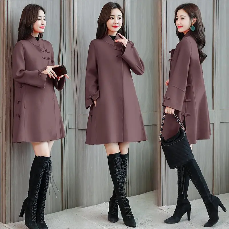 Fashion Chinese style Woolen Coat Slim Feminino long sleeve jacket Women mandarin Collar Female Overcoat Woollen Winter Coat