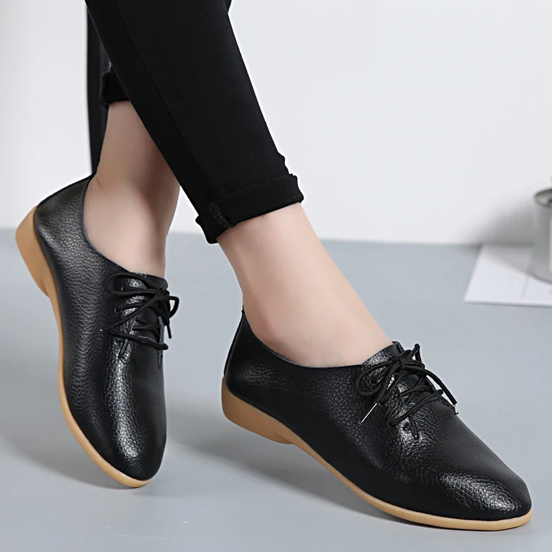 Size 35 44 Leather Shoes Women Flats Pointed Toe Oxford Shoes Lace Up ...