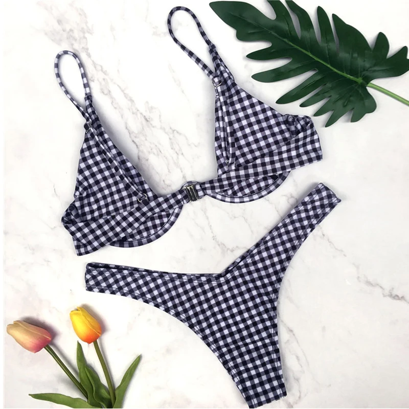 Plaid Bandage Bikinis Set 2018 New Sexy Push Up Swim Bathing Suits Swimwear (7)