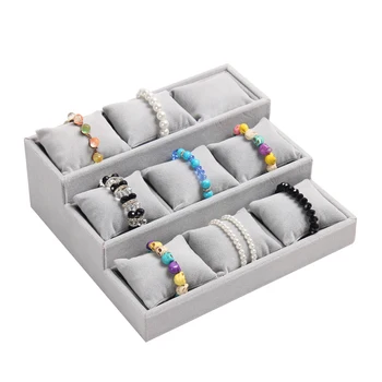 

Hessian 9 Grids Watch Bracelet Pillow Jewelry Display Box Holder for Displaying Chain Grey