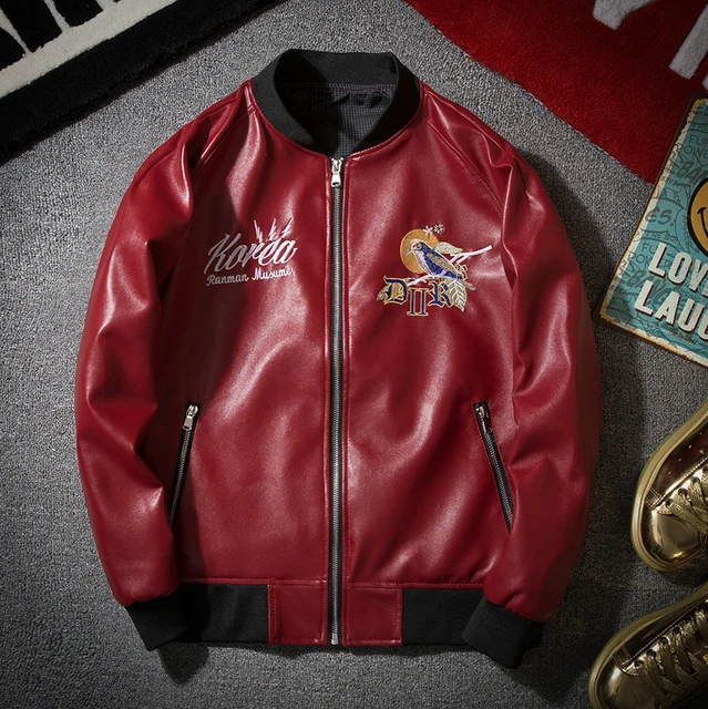 QIMAGE New2017Winter PU Leather Jacket Men Hip Hop SlimFit Flowers