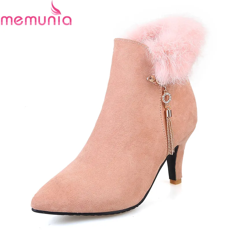 

MEMUNIA 2018 new arrival ladies boots with metal decoration thin heels boots pointed toe faux fur sexy ankle boots womens