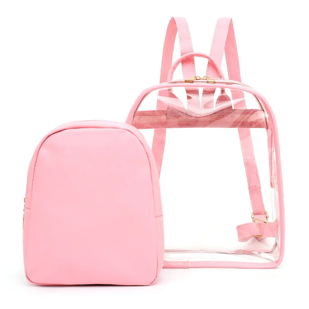 

2PCS Women's Pure Color Backpack Casual Ladies Pattern Fashion school bags for girls Transparent Backpack mochilas mujer 2019