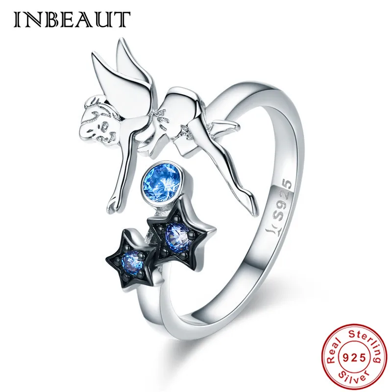 

INBEAUT Fashion Genuine 925 Sterling Silver Blue Night Star Round Zircon Elves Flying Wing Ring for Women Anniversary Jewelry