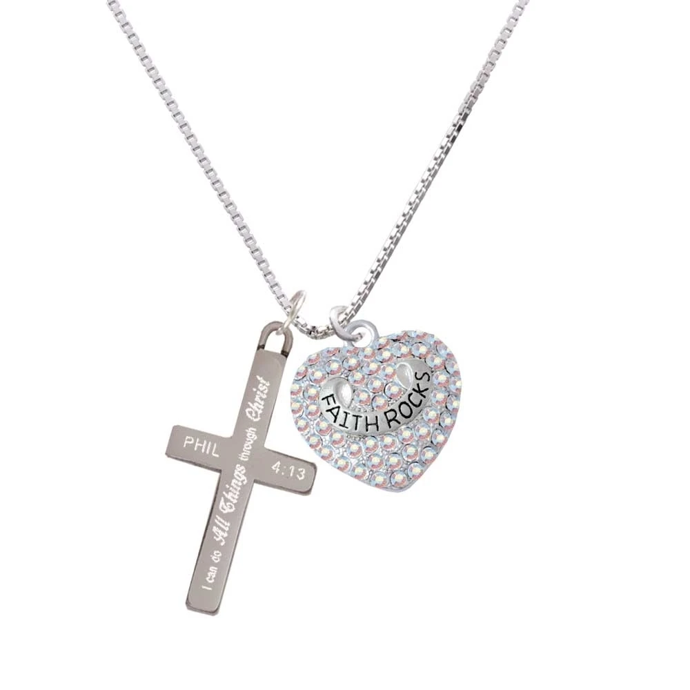 Faith Rocks on AB Crystal Heart - I Can Do All Things - Cross Necklace
