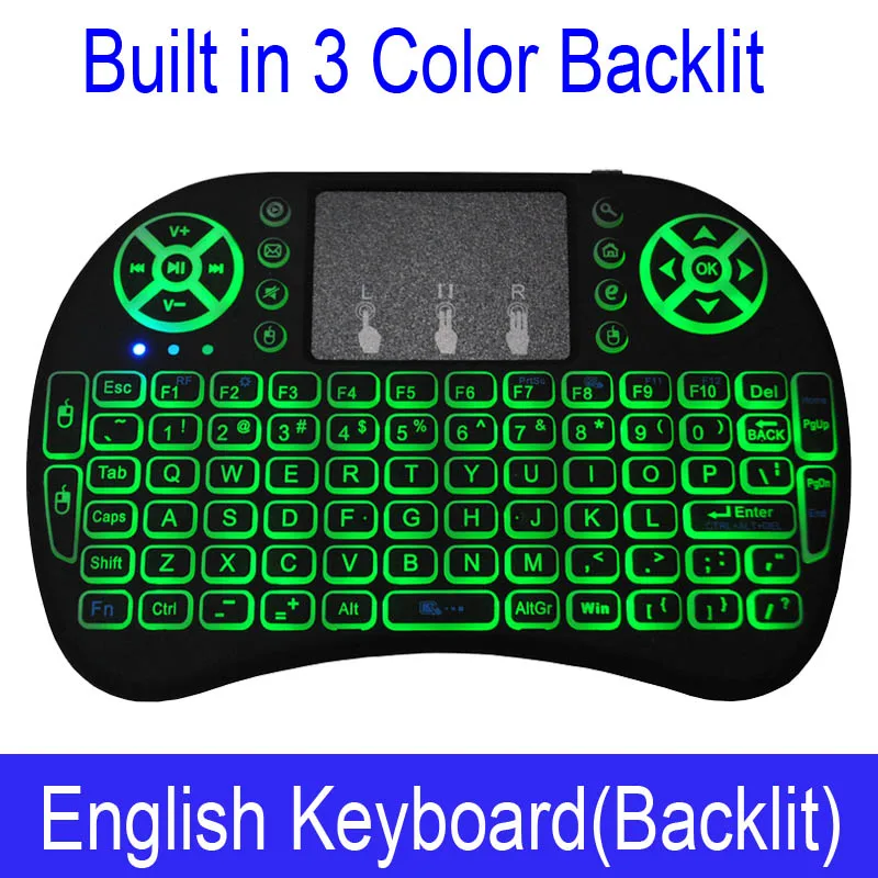 Мини i8 Беспроводная клавиатура 3 цвета с подсветкой 2,4 ГГц Английский Русский французский иврит 7 цветов Сенсорная панель Android tv Box - Цвет: English Backlit
