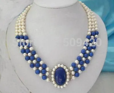 ~~ FD605 W&ampO658 &gt3 Rows White Pearl Lapis lazuli 18KWGP Clasp Pendant Necklace | Украшения и аксессуары