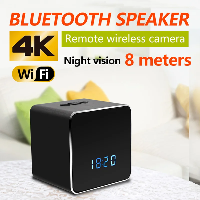

WIFI 4k camcorder video Security Night Vision Mini Camera Hidden Clock Wireless Bluetooth Speaker Music Player Motion Detection
