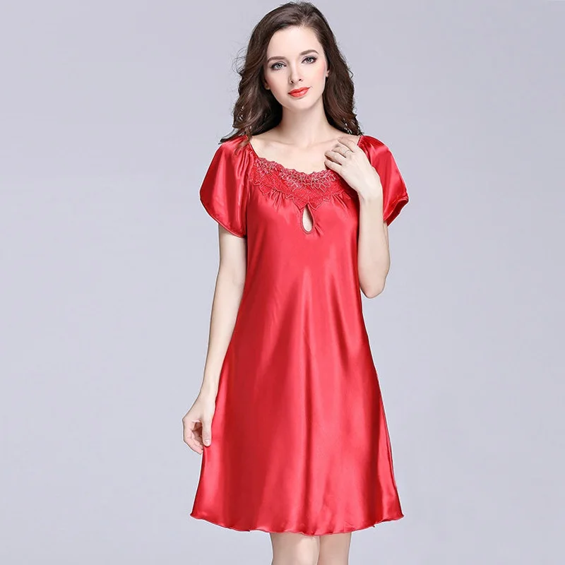 Женская шелковая ночная рубашка, летняя атласная шелковая ночная рубашка, женская сексуальная ночная рубашка с v-образным вырезом, удобная домашняя одежда с коротким рукавом - Цвет: Hollow out Red