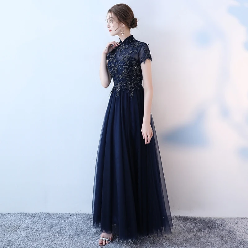 Unique Dark Navy Evening Dresses Long 2019 New Sexy Black Party Evening Gowns High-Neck Tulle Beading Formal Dress High Quality