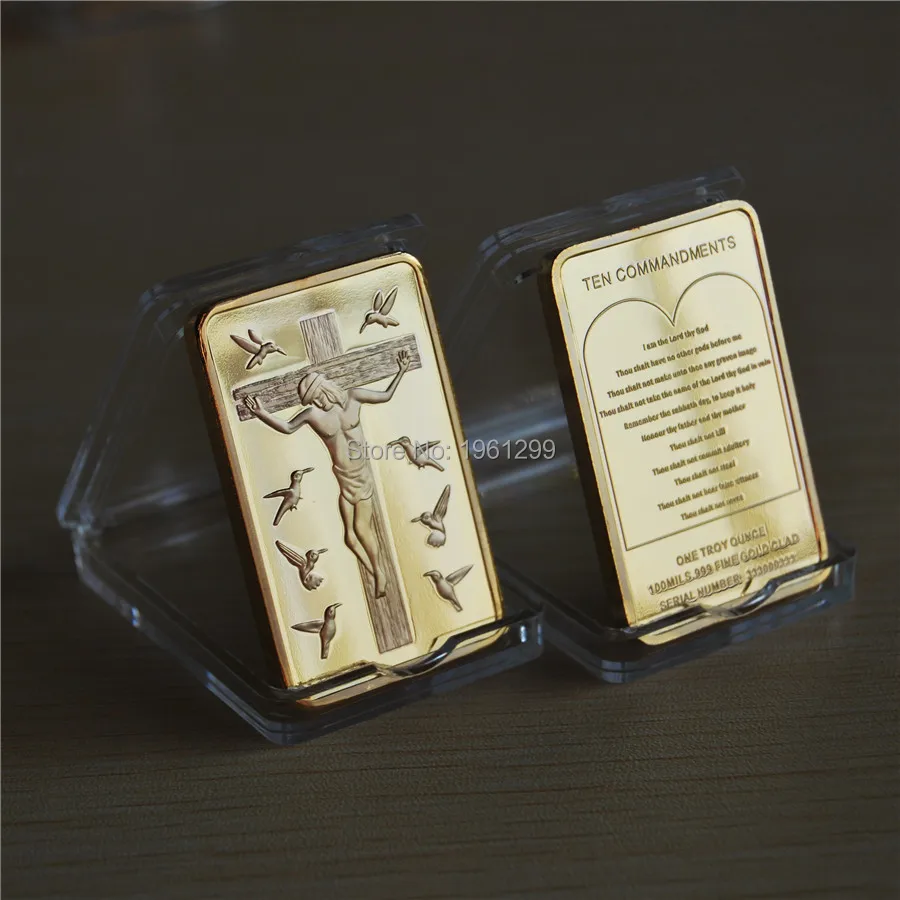 

1pcs/lot Jesus Christ Cross gold Bar 10 Commandments 24k Gold Replica Bullion Bar gold clad coin free shipping