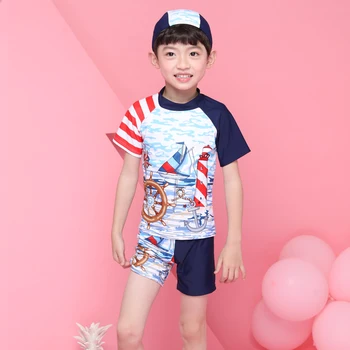 

HY8847 Children Swimwear 3pcs/set Hat+Shirts+Trunks Cartoon Bathing Suit Girl Boys Kids Sport Beachwear Baby Swimsuits Quick Dry