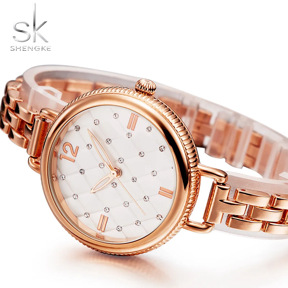 Shengke брендовые кварцевые наручные часы, модные часы, женские повседневные платья, роскошные золотые женские Стразы, водонепроницаемые, Reloj Mujer