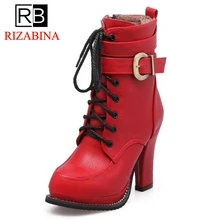 RizaBina Размеры 33-43 женские ботинки на высоком каблуке На зимнем меху теплые Кристалл на шнуровке ботильоны с пряжкой модная обувь женская обувь
