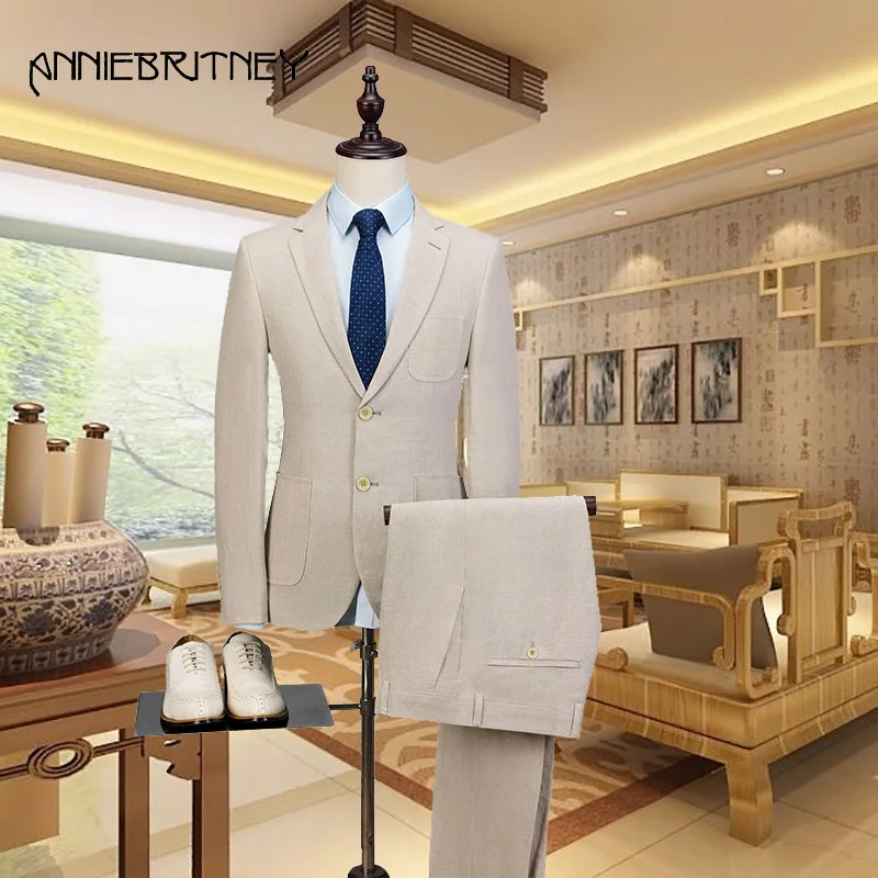 2018 New Brand Ivory Beige Linen Men Suit Set Slim Fit Style Summer Beach Wedding Blazer Prom Tuxedo Jacket+Pant 2 Piece Terno