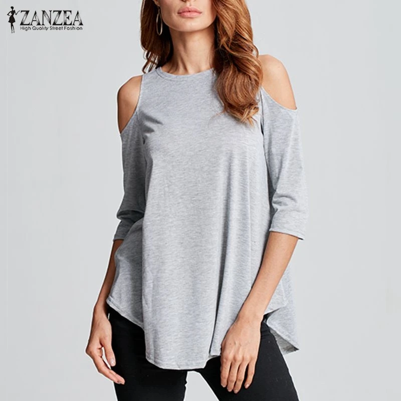 Vente ZANZEA Femmes Blouses 2018 Automne Sexy Blusas Casual Lâche O Cou Longues Hauts T Asymétrique Off Épaule Solide À Manches Longues chemise