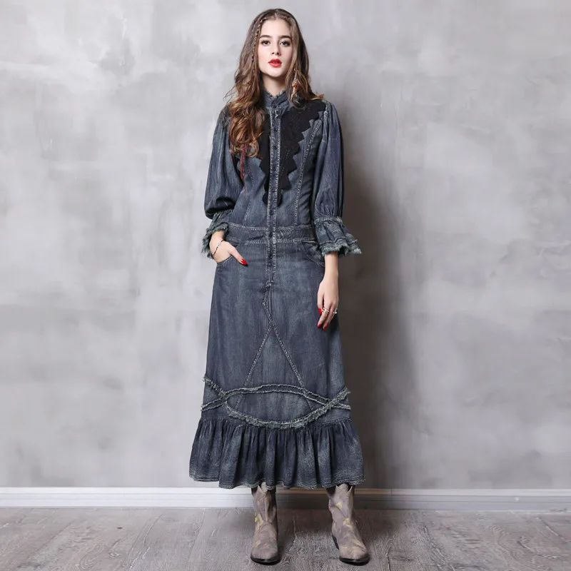 

Vintage Autumn Dress Women With Pockets 2018 New Denim Dresses Stand Collar Long Elegant Lace Patchwork Vestidos Femininos
