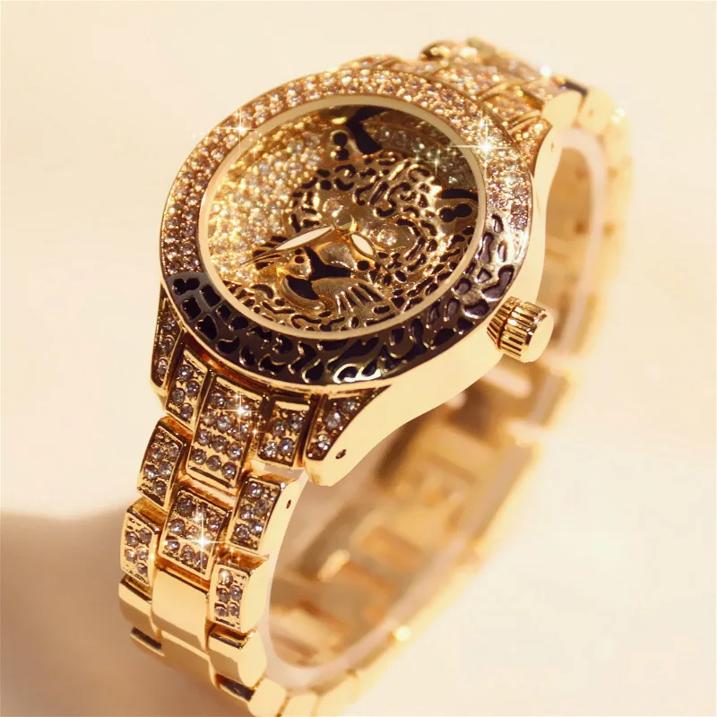 Beste Vrouwen Horloges Dames Diamant Steen Jurk Horloge Staal Luipaard Rhinestone Armband Horloge Tiger Crystal Horloge relogio feminino