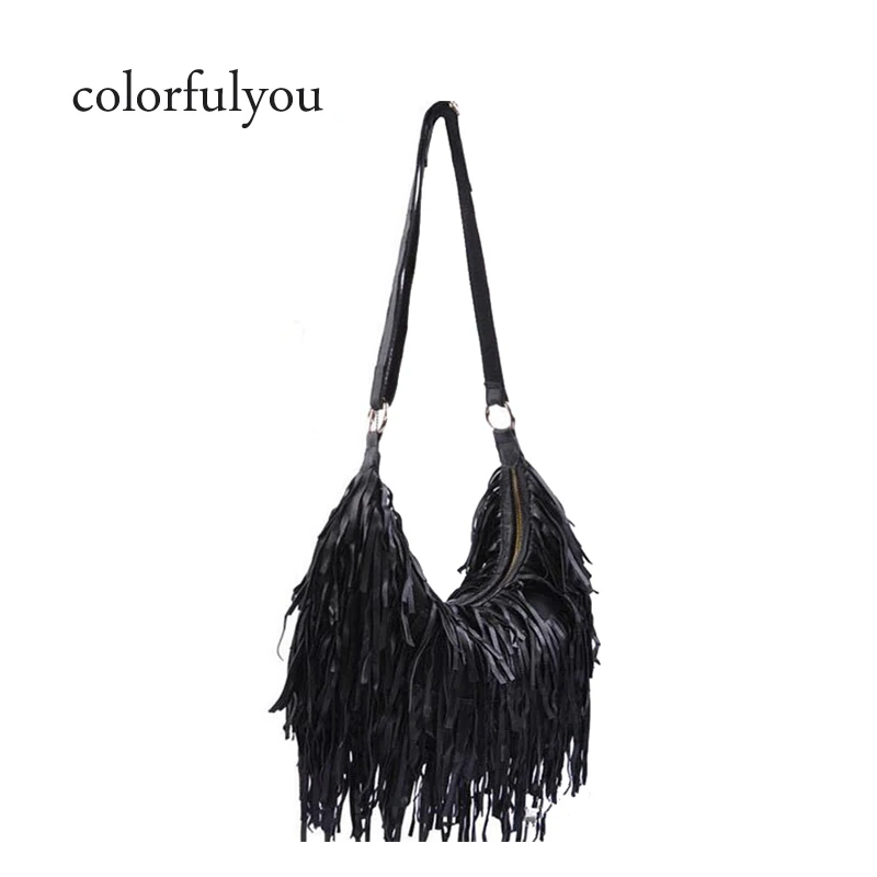 black leather tassel bag