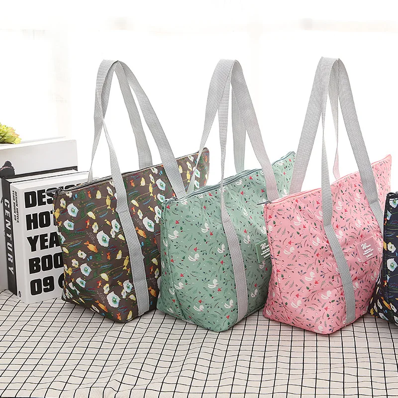 Zipper Portable Large Capacity Lunch Bag Insulated Thermal Cooler Printing Floral Bag for Women