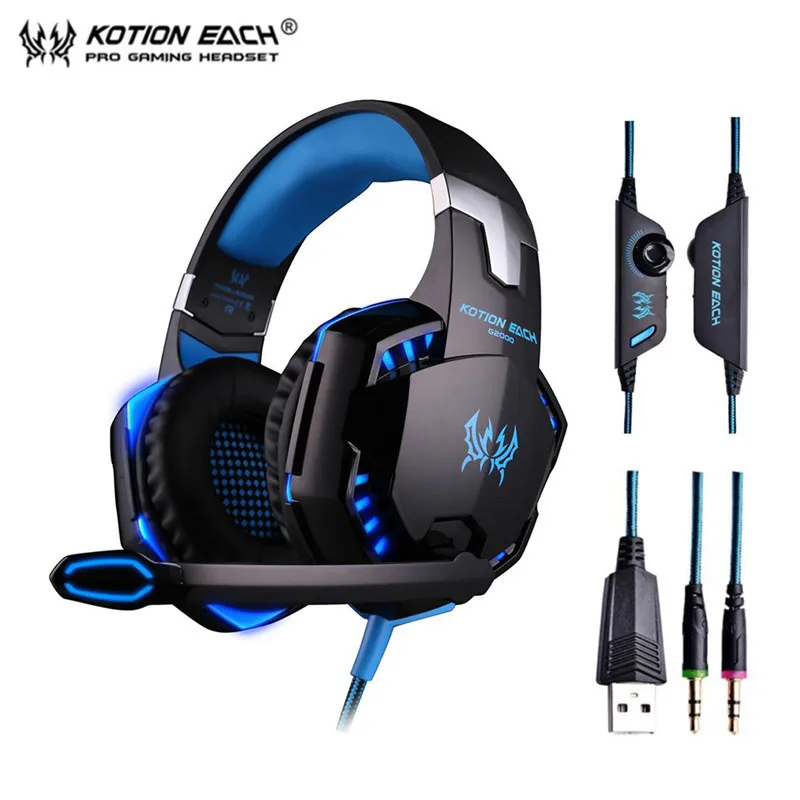 Kotion Each G2000 G4000 G9000 стерео игровая гарнитура глубокий бас компьютерные игровые наушники с микрофоном светодиодный светильник для компьютера ПК - Цвет: G2000 blue