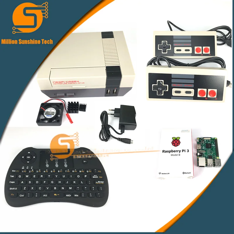 

Raspberry Pi 3+Raspberry Pi NESPi Case+box+cooling fan+power supply+heat sink+keyboard+2pcs Game handle free shipping
