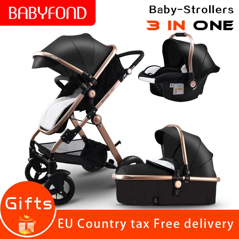Goods  0-3 year old High landscape Golden frame black 3in1 Stroller Reversible Seat Push Handle Luxury lea 