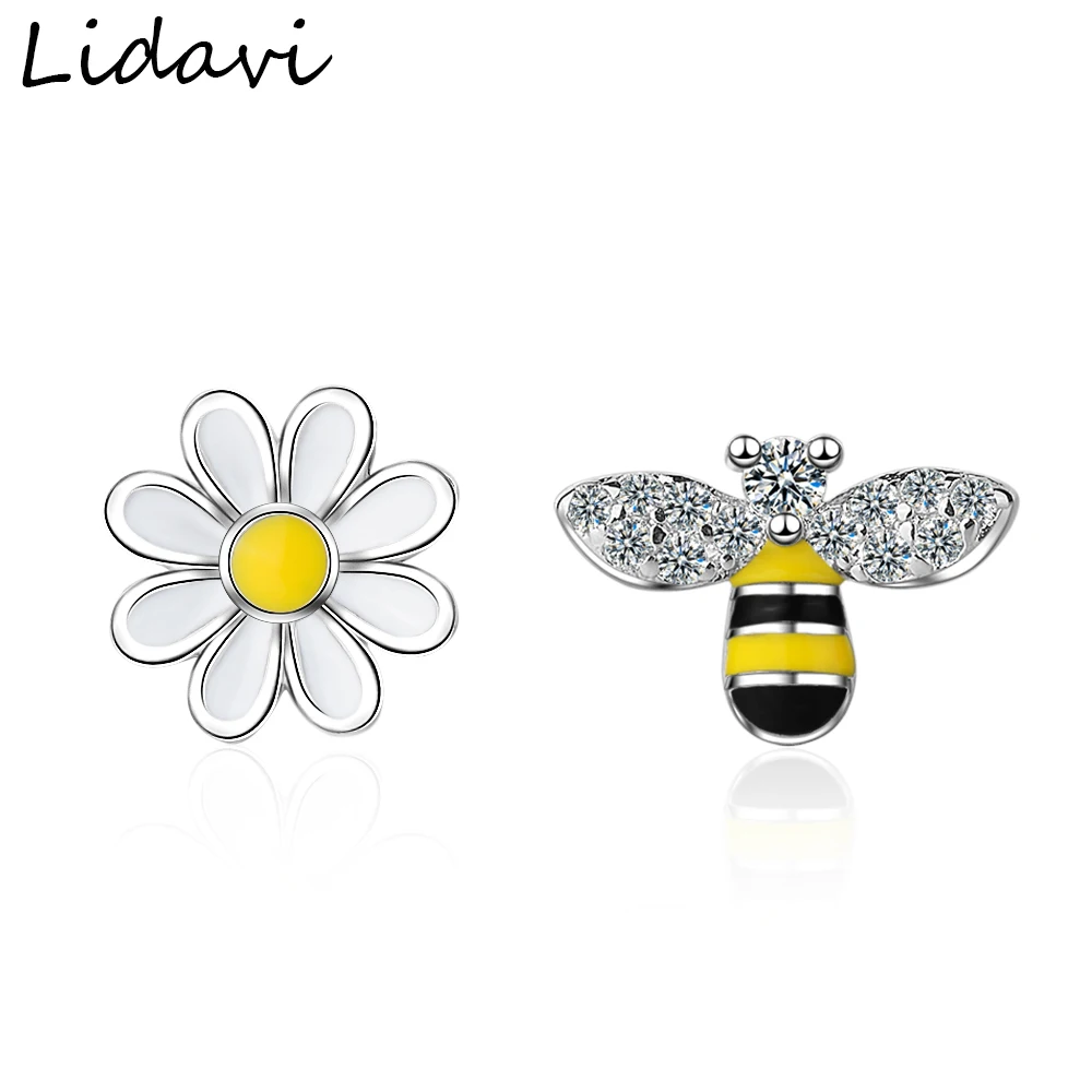 

Lidavi 925 Sterling Silver Cute Flower Stud Earrings Enamel Bee Asymmetry Flower Earrings Fashion Jewelry For Women Gift VES6061