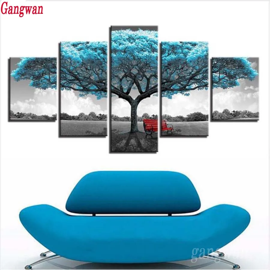 5D DIY Diamond Painting 5 pcs Blue Big Tree Red Chair Abstract landscape Full drill rhinestone Diamond Embroidery Mosaic Decor