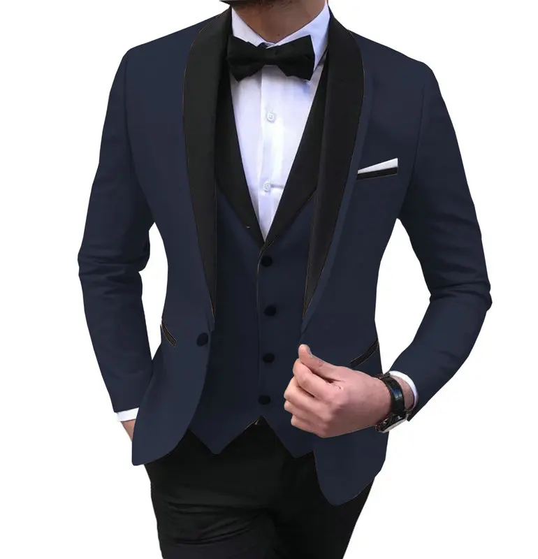 Mens 3 Pieces Party Slim Fit Suits Classic Design Shawl Lapel Tuxedos Prom Suit Blazer& Pants& Vest for Wedding - Цвет: Navy