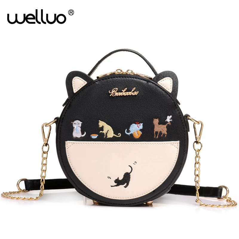 Cute Embroidery Cat Messenger Bag Women Small Circular Ears Crossbody Bags Teenage Girls Chain Shoulder Bag Mini Handbag XA25B