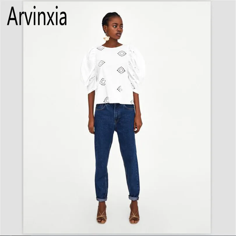 

Arvinxia ZA Comfortable Solid Color Women Top Casual Hollow Out Pattern Lady Shorts New Fashion O Neck Lantern Sleeve Women Tops