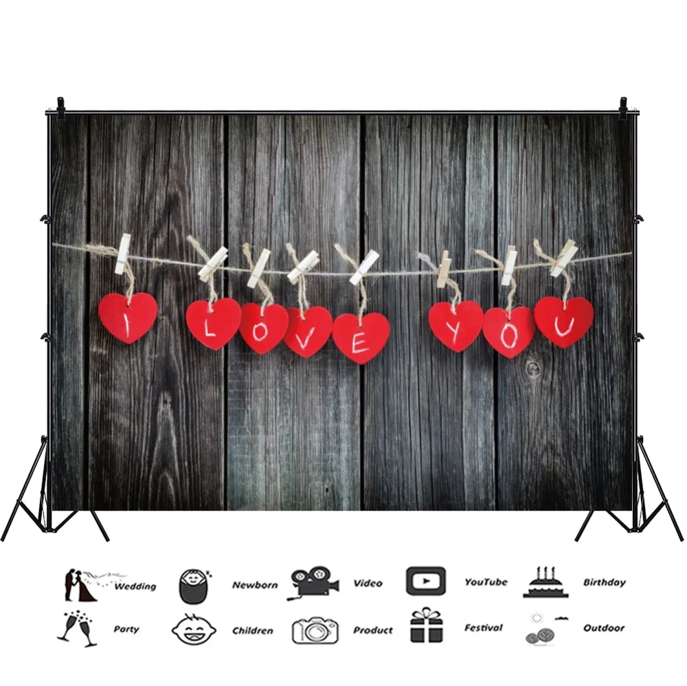 Laeacco Wooden Boards Red Hearts I Love You Wall Portrait Scene Photography Backgrounds Photographic Backdrops For Photo Studio