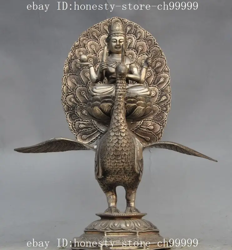 

old tibetan buddhism silver fane Peacock bird 4 Arms Chenrezig God buddha statue