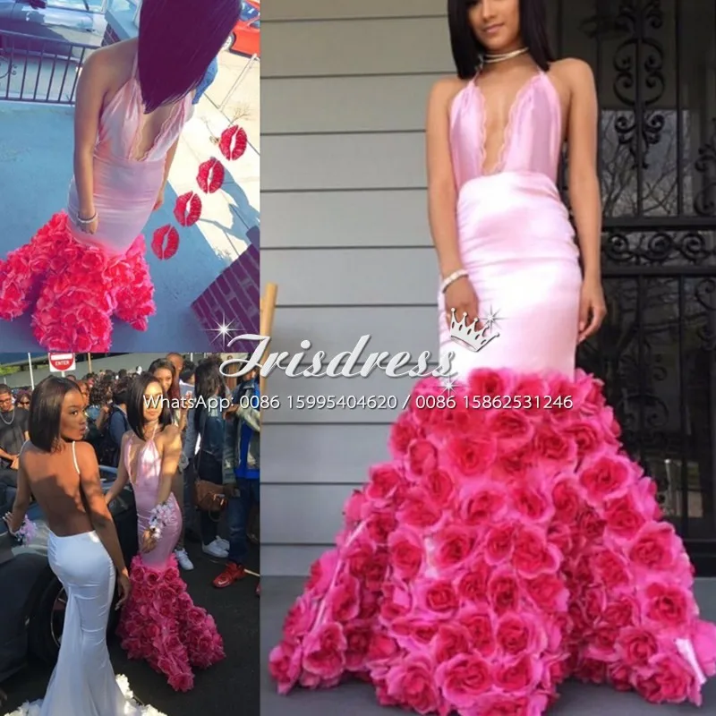 mermaid prom dress with roses at the bottom