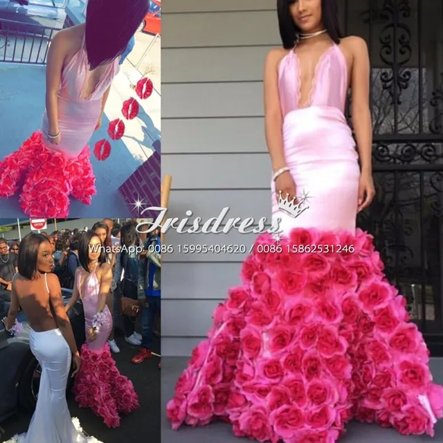 Rose Flower African Arabic Mermaid Prom Dresses 2017 Y Halter Rose Flower African Arabic Mermaid Prom Dresses 2017 Y Halter Backless Plus Size Fashion